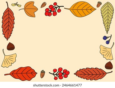 Hand-drawn illustration frame of autumnal fallen leaves and acorns or chestnuts