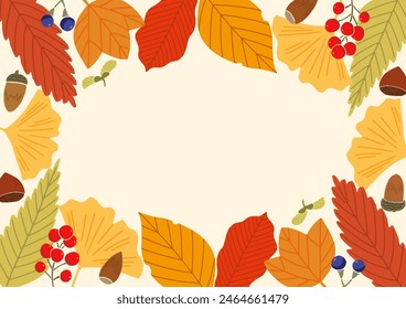 Hand-drawn illustration frame of autumnal fallen leaves and acorns or chestnuts