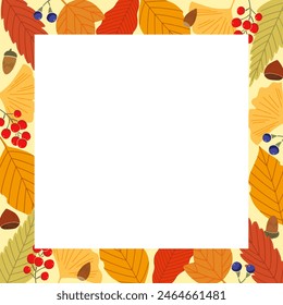 Hand-drawn illustration frame of autumnal fallen leaves and acorns or chestnuts