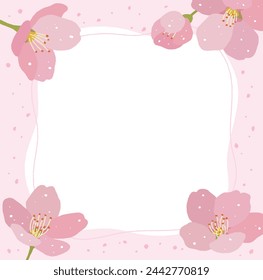 A hand-drawn illustration frame border background of pink 'cherry blossoms', a flower that represents spring. The flowers are bright and blooming.