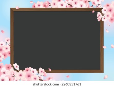 Hand-drawn illustration frame of cherry blossoms and chalkboard. - sky background -