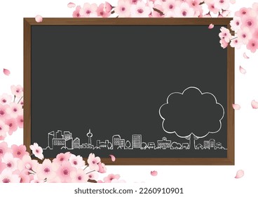 Hand-drawn illustration frame of cherry blossoms and chalkboard. “white background”