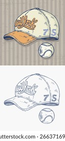 Hand-drawn illustration with free and simple lines of an old baseball cap and ball.