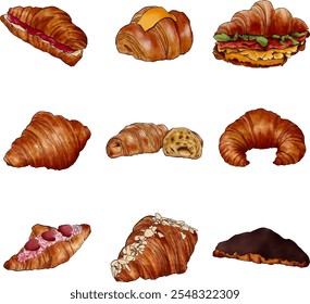 ilustração desenhada à mão de croissants franceses