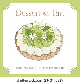 A hand-drawn illustration of a French pie 'tart' sold in cafes and bakeries. Green grapes are on top of the cream.