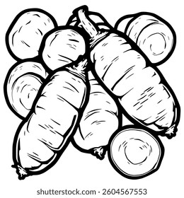 Hand-Drawn Illustration Of Fresh Carrots And Carrot Slices