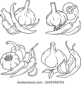 A hand-drawn illustration of fresh vegetables, including tomatoes, an onion, garlic, and a chili. Perfect for culinary themes, recipe designs, farmer's markets, or healthy eating promotions.	
