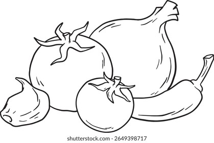 Uma ilustração desenhada à mão de vegetais frescos, incluindo tomates, uma cebola, alho e um pimentão. Perfeito para temas culinários, designs de receitas, mercados de agricultores ou promoções alimentares saudáveis.	
