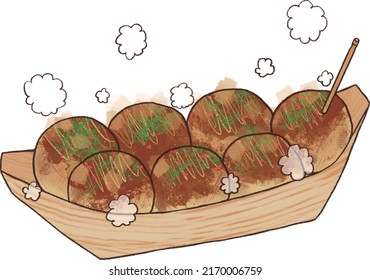 Hand-drawn illustration of freshly made takoyaki