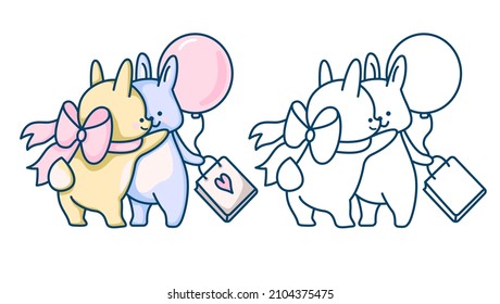Hand-drawn illustration of funny cartoon Bunnies. Painted and monochrome version.  Vector 