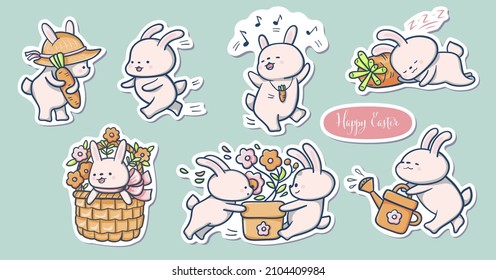 Hand-drawn illustration of funny cartoon Bunnies.  A set of stickers. Vector. 