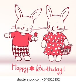 Hand-drawn illustration of funny cartoon Bunnies. Greeting card "Happy birthday!" Vector 