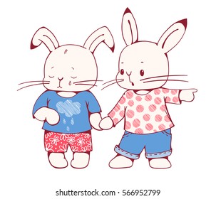 Hand-drawn illustration of funny cartoon Bunnies. Vector set. 