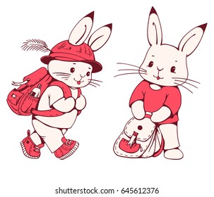 Hand-drawn illustration of funny cartoon Bunnies with a backpack. Vector set. 