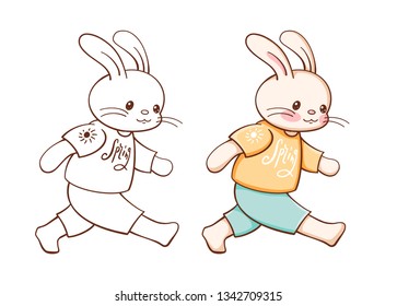 Hand-drawn illustration of funny cartoon Bunny. Painted and monochrome version.  Vector 