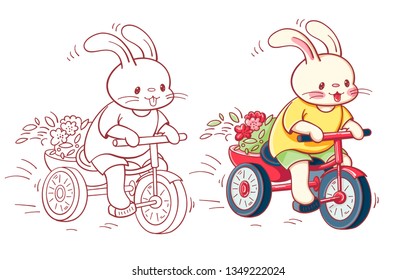 Hand-drawn illustration of funny cartoon Bunny on Bicycle.  Painted and monochrome version.  Vector 