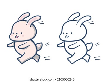 Hand-drawn illustration of funny cartoon Bunny. Painted and monochrome version.  Vector 