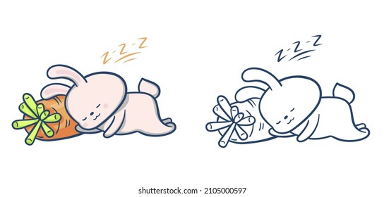 Hand-drawn illustration of funny cartoon Bunny. Painted and monochrome version.  Vector 