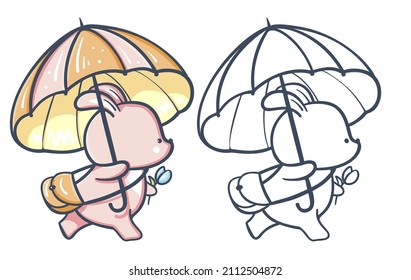 Hand-drawn illustration of funny cartoon Bunny. Painted and monochrome version.  Vector 