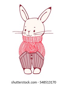 Hand-drawn illustration of funny cartoon Bunny in a knitted sweater.  Vector 