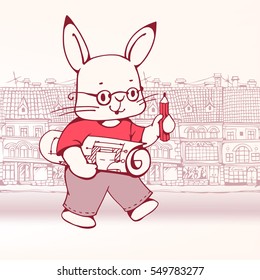 Hand-drawn illustration of funny cartoon Bunny-architect with draft and pencil.  Vector 