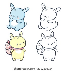 Hand-drawn illustration of funny cartoon Bunnyes. Painted and monochrome version.  Vector 