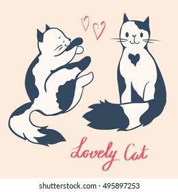 Hand-drawn illustration of funny cartoon cats. Vector