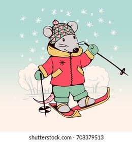 Hand-drawn illustration of funny cartoon Mouse with skis.   illustration. Vector.