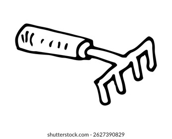 Hand-drawn illustration of a garden rake with a wooden handle and metal prongs