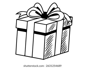 Hand-drawn illustration of a gift box with a ribbon and bow. black and white illustration of a gift box vector, birthday, ribbon, bow, holiday, cartoon, box, present, present box, illu