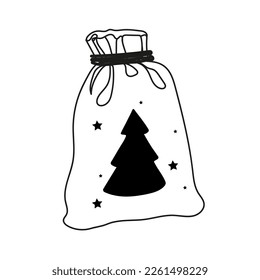 Hand-drawn illustration of a gift for celebrating New Year and Christmas in a gift bag with doodles Christmas tree with stars