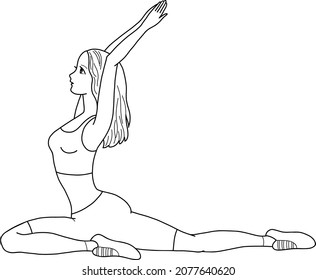 Hand-drawn illustration of girl doing sport.  Black and white images on white background.