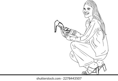 Hand-Drawn Illustration of a Girl Finding Joy in Her Favorite Shoes, Handmade Sketch of a Young Girl Happily Holding Her Beloved Shoe, Shoe Obsession, Footwear Frenzy