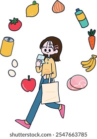 Hand-drawn illustration of a girl looking at a shopping list