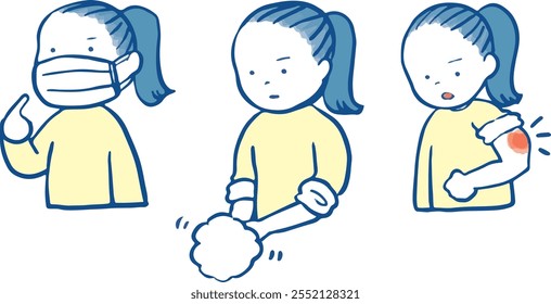 A hand-drawn illustration of a girl preventing colds by wearing a mask, washing her hands, and getting an injection.
