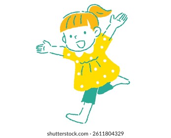 Hand-drawn illustration of a girl running with her hands raised and a smile