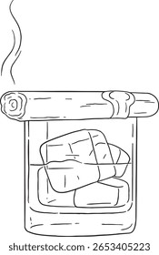 Ilustração desenhada à mão de um copo com cubos de gelo e um charuto fumante descansando em cima. Representa relaxamento, indulgência e lazer. Ideal para temas relacionados com bares, salões, estilo de vida masculino.