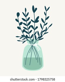Hand-drawn illustration of a glass vase with green branches. Colored flat cartoon vector illustration isolated on beige background. Concept of growing plants and herbs, gardening, home interior.
