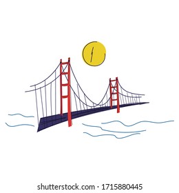 A hand-drawn illustration of the Golden Bridge in San Francisco in California with a moon, pond. Architecture. Landmarks of the world. America. Golden Gate in the USA. Travels. Vector. Flat. Doodle