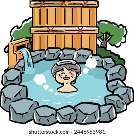 Hand-drawn illustration of grandmother taking an open-air bath	