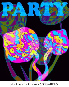 Hand-drawn illustration of  hallucinogenic mushrooms