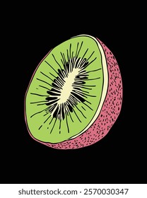 Hand-drawn illustration of a halved kiwi fruit against black background