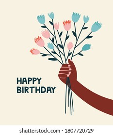 Hand-drawn illustration of a hand with a bouquet of white and blue flowers, and lettering. Colored flat cartoon vector illustration isolated on beige. Concept of birthday celebration, surprise.