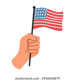 Handdrawn illustration of hand holding an American flag. Vector design for 4th of July.