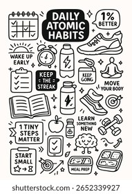 Ilustração desenhada à mão de hábitos saudáveis - Conjunto de arte de doodle para motivação e produtividade