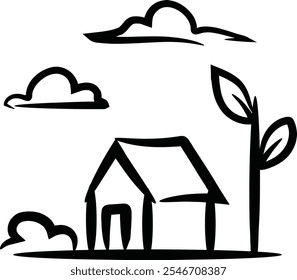 Hand-drawn illustration of a healthy living environment, House and tree icons