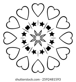 A hand-drawn illustration of a heart-themed mandala