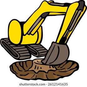 Hand-drawn illustration of heavy machinery removing tree roots