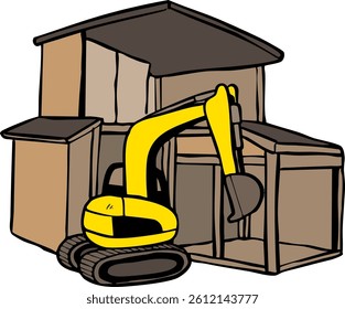 A hand-drawn illustration of a house being demolished using heavy machinery