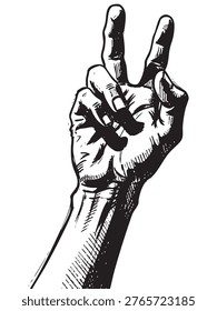 Hand-drawn illustration of a human hand making a peace or victory sign gesture, depicted in a bold, high-contrast black and white ink sketch style.